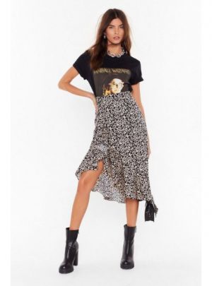 High-Waisted Midi Leopard Skirt with Ruffle Front